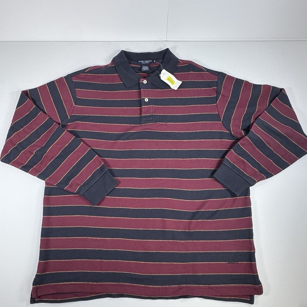 NWT Daniel Cremieux XL Long Sleeve Polo Shirt Burgundy Navy Stripe Cotton